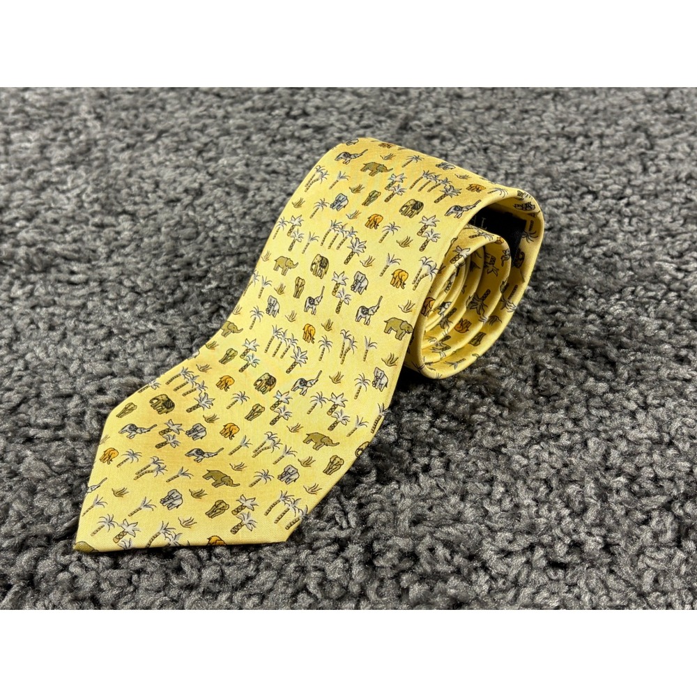 Jim Thompson Men Yellow Silk Elephant Palm Tree Safari Print Necktie NTPRA 3850J